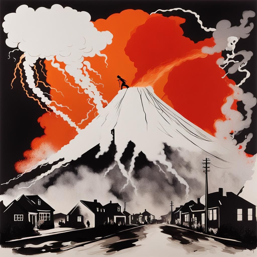 Volcano Silhouette Illustration with Extreme Weather