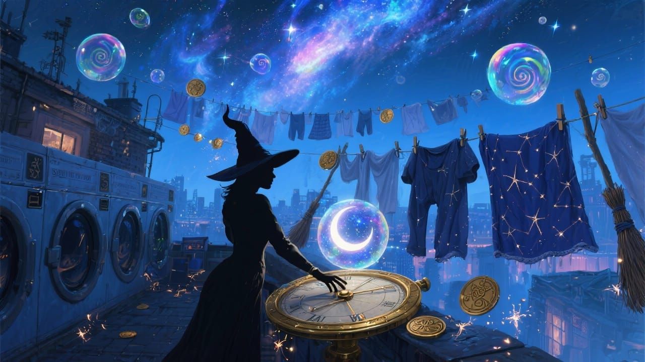 Witch Laundromat Under Cosmic Blue Hour Sky