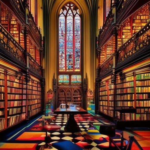 Gothic library with vibrant colorful stain-glass window& Beautiful bookshelves& lots of vibrant colorful lights& lots of...
