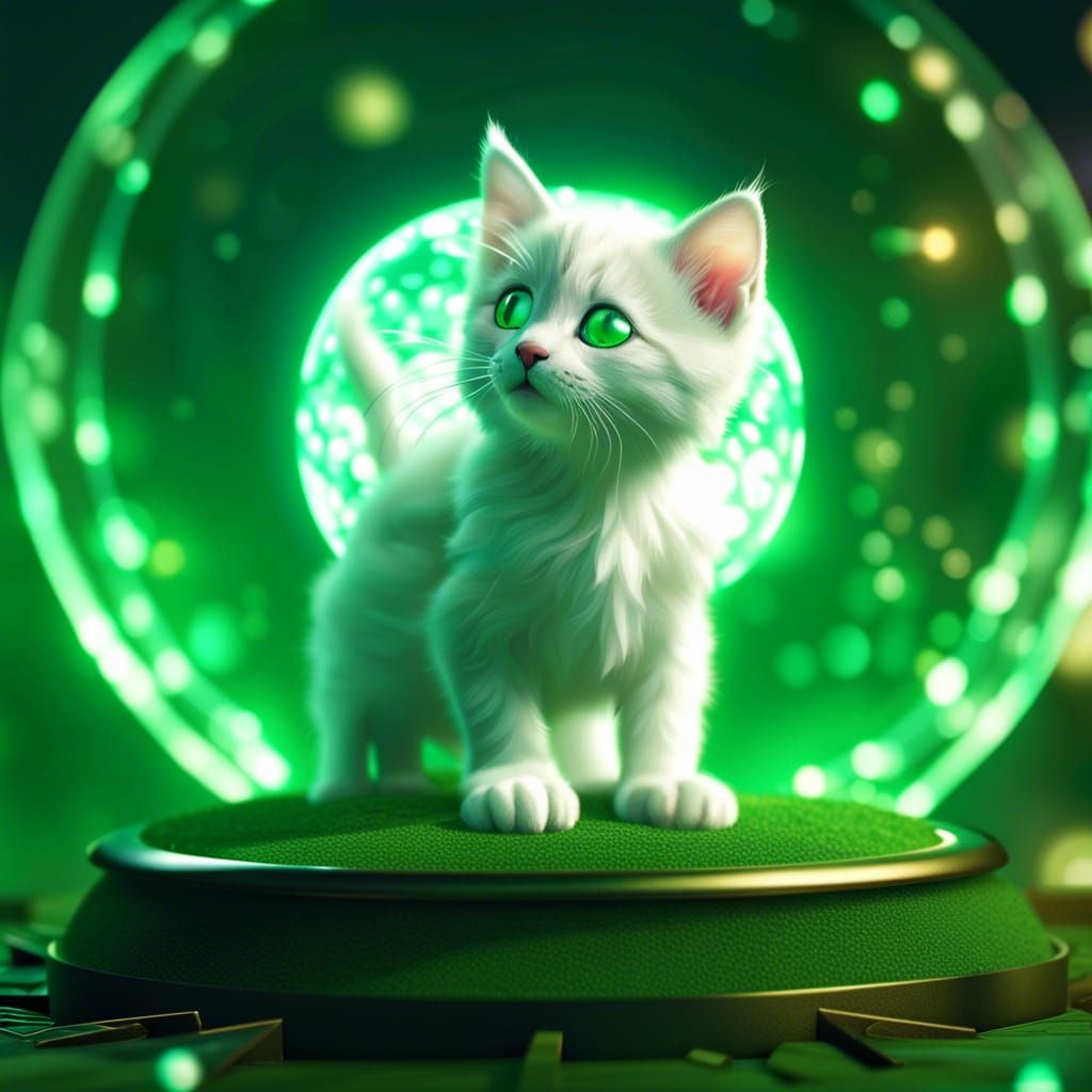 Micro White Kitten on Gigantic Sphere in Fantasy Scene