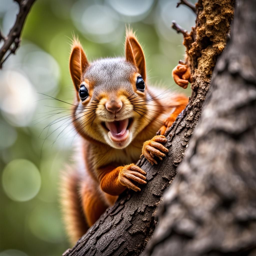 Hyperrealistic Baby Squirrel Smiling on Branch
