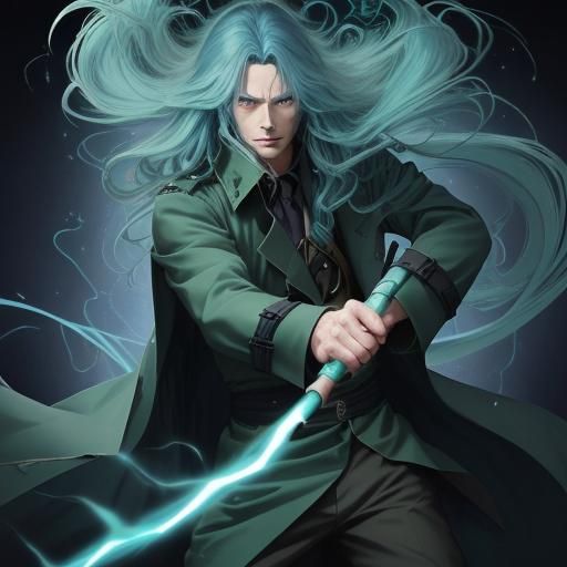 Blue Haired Mage with Energy Staff in Anime Style
