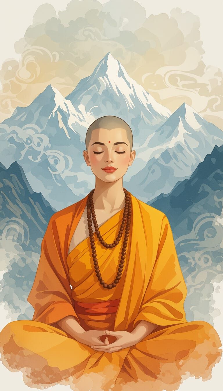Meditating Woman in Saffron Robe, Watercolor Style