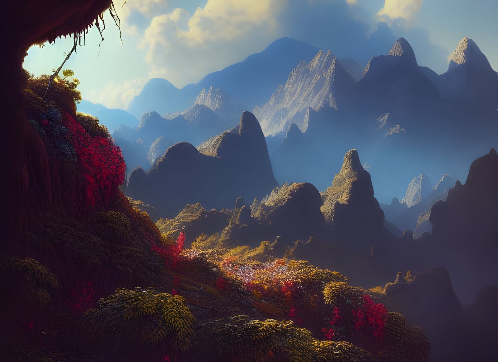 Vintage Mountains Photograph with Post-Apocalyptic Temple