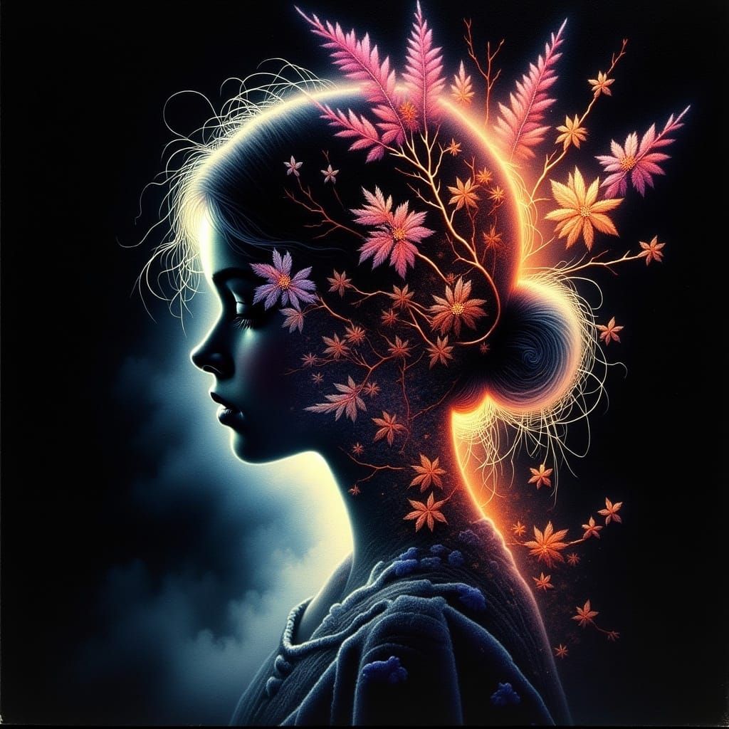 Silhouetted Girl's Profile in Dreamy, Spring-Hued Aura