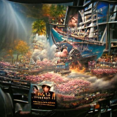 Pirate Ship in Floral Landscape, Kinkade Style