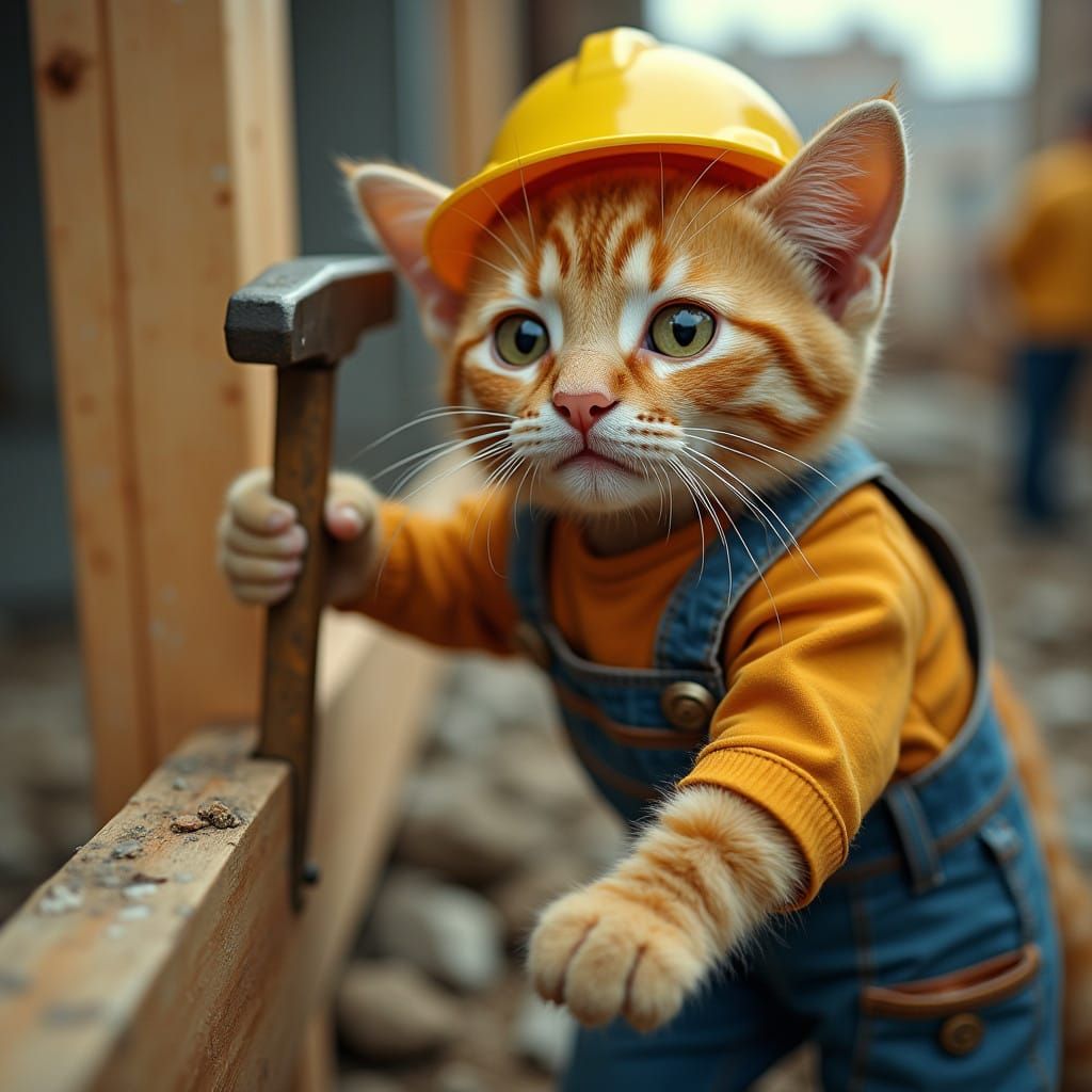 Determined Yellow Cat Construction Worker in Cinematic Style