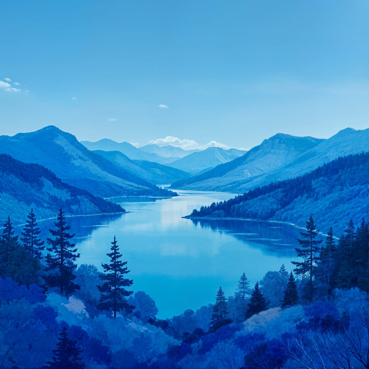 Monotone Blue Landscape With Mountains, Lake, and Trees