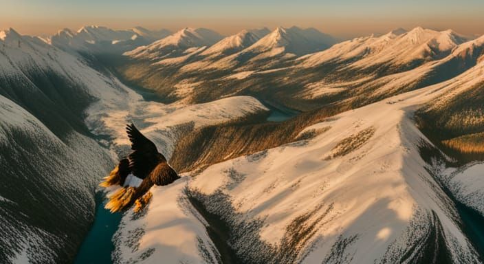 Bald Eagle Soaring Over River Valley at Sunset