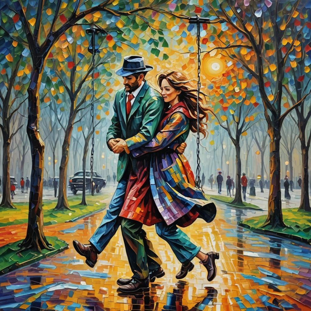 Colorful Rainy Scene in Neo-Impressionist Style