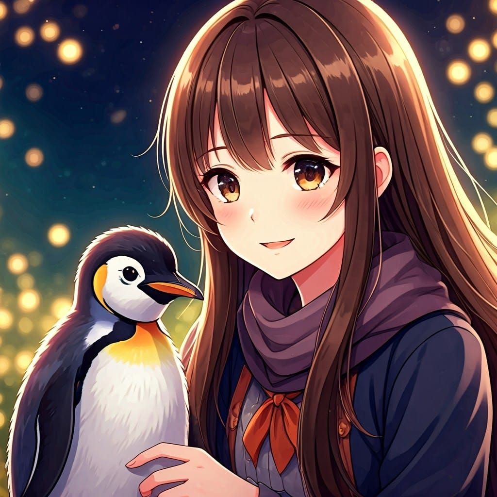 Whimsical Fantasy Girl Plays with a Penguin in a Dreamlike S...