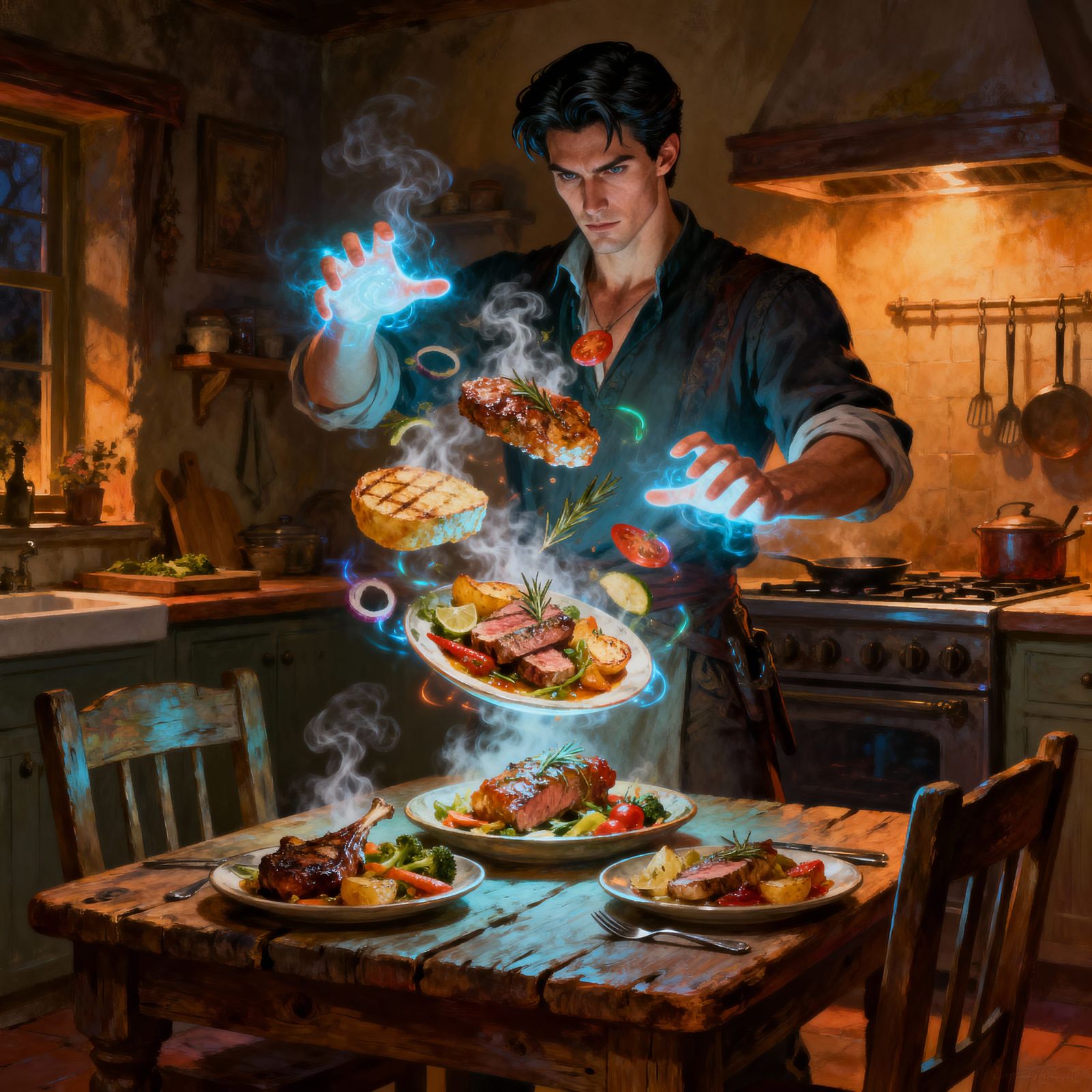 Magical Chef Conjures Gourmet Meal in Cozy Kitchen