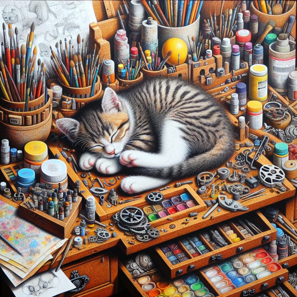 Tabby Kitten Napping on Artist's Desk Painting
