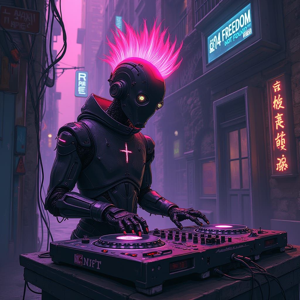Cyberpunk DJ Spins Glitchy Records in Neon-Lit Alley