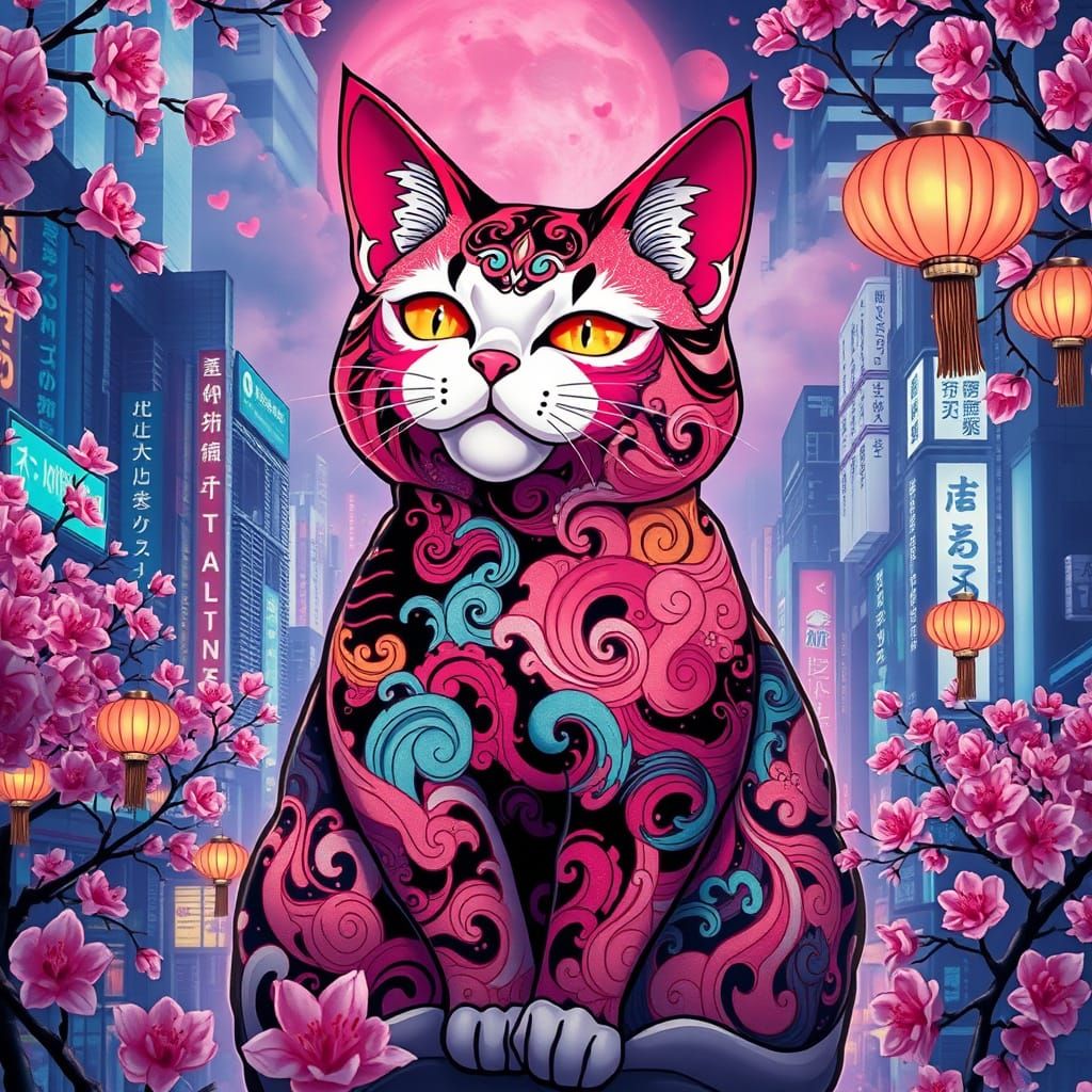 Majestic Bakeneko Cat in Vibrant Murakami-Inspired Tokyo