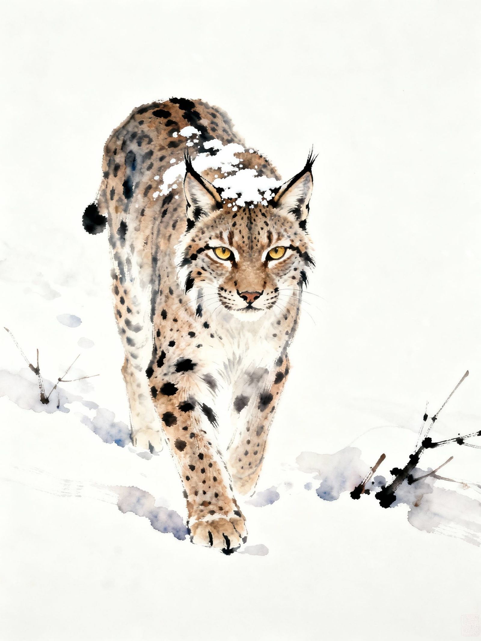 Lynx in Snow: Atmospheric Watercolor and Ink
