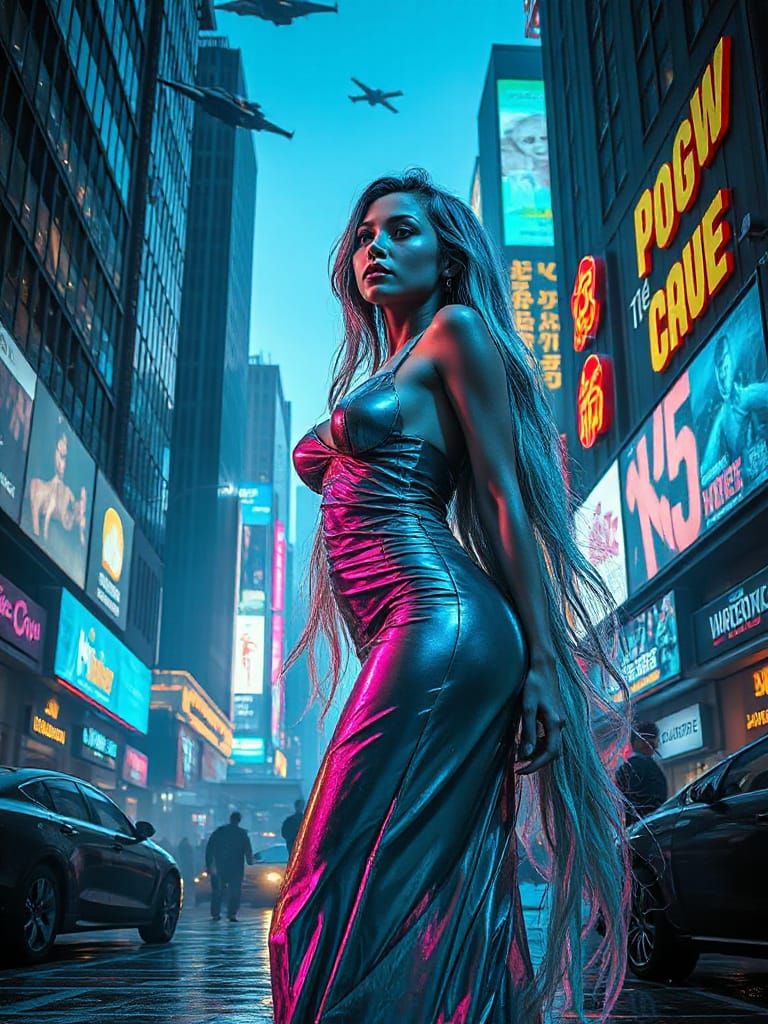 Cyberpunk Woman with Bioluminescent Hair in City Square