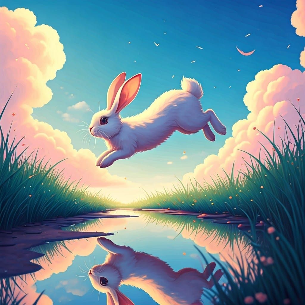 Majestic Snow White Bunny Leaping Over Reflective Puddle