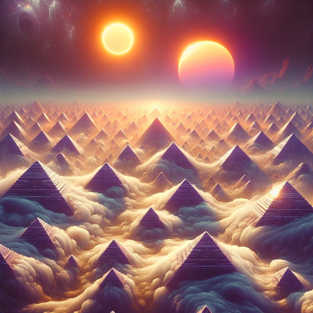 Alien Valley of Pyramid Structures in Cosmic Mist