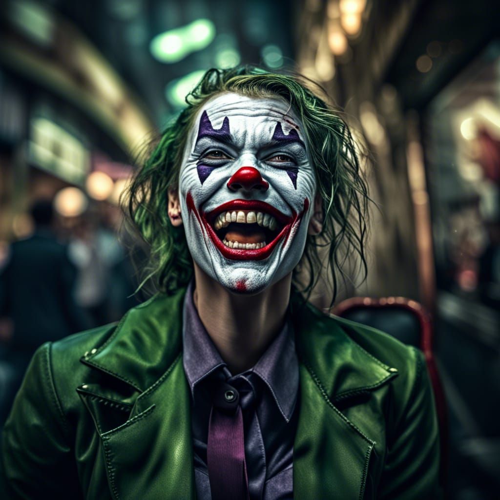 Hyperrealistic Female Joker in a Chaotic World