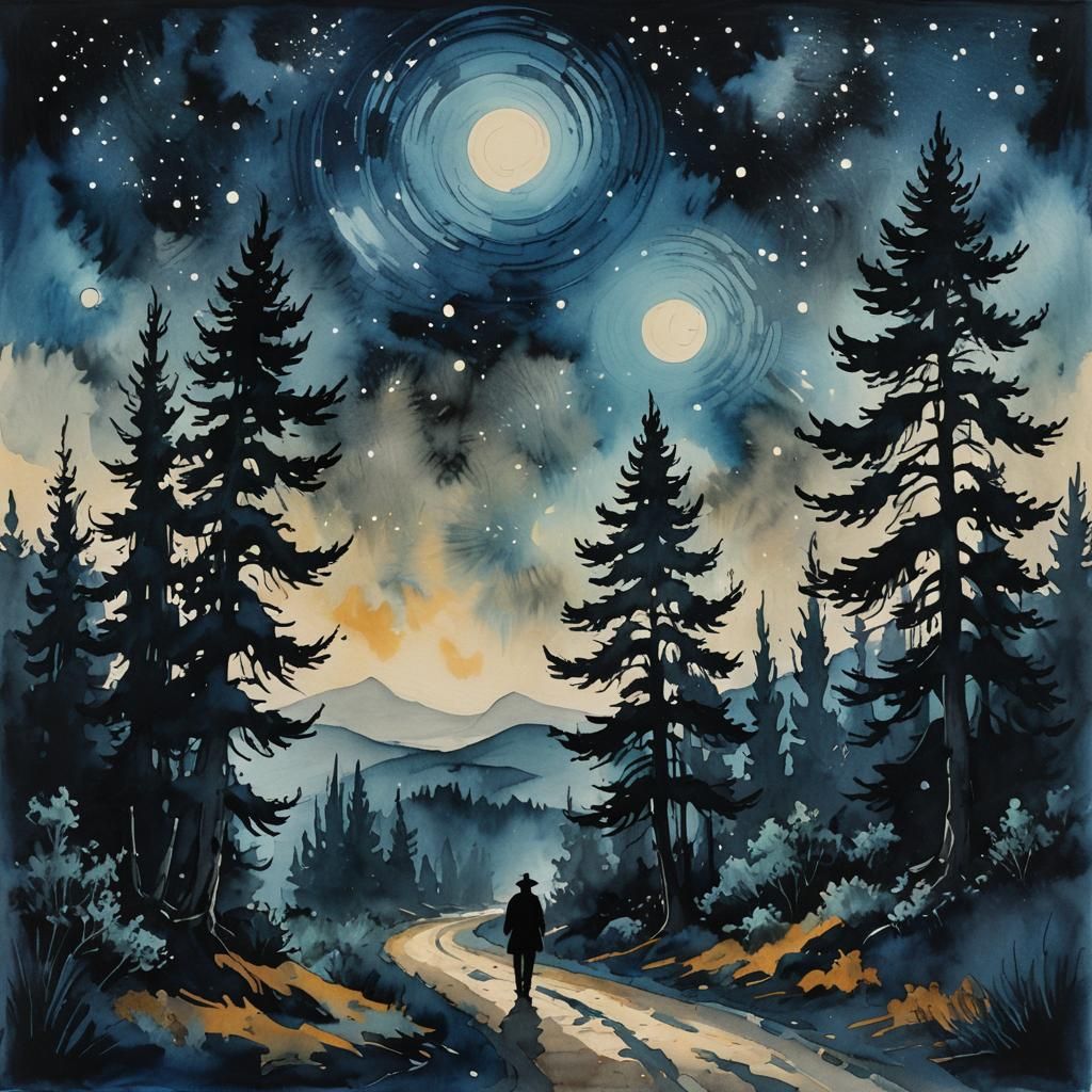 Traveler Under Starry Sky in Ink Painting Style
