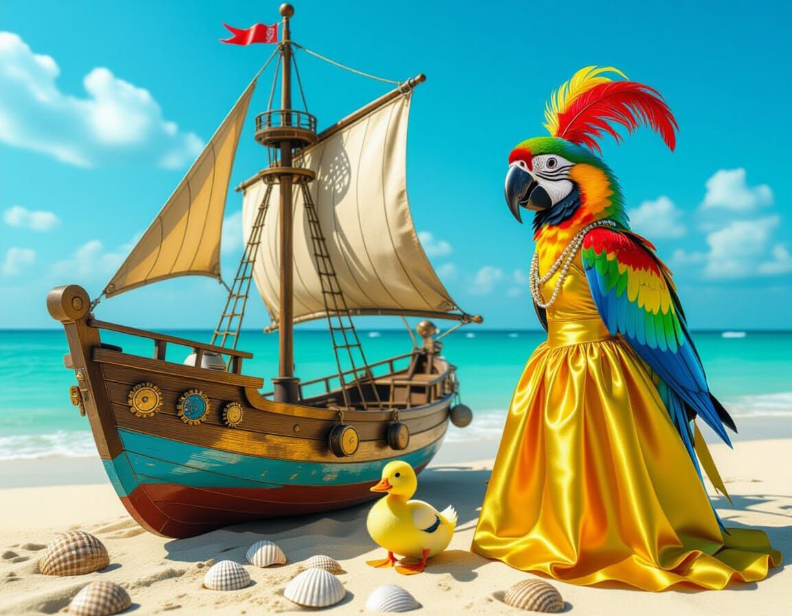 Steampunk Parrot in Silk Dress on Vacation