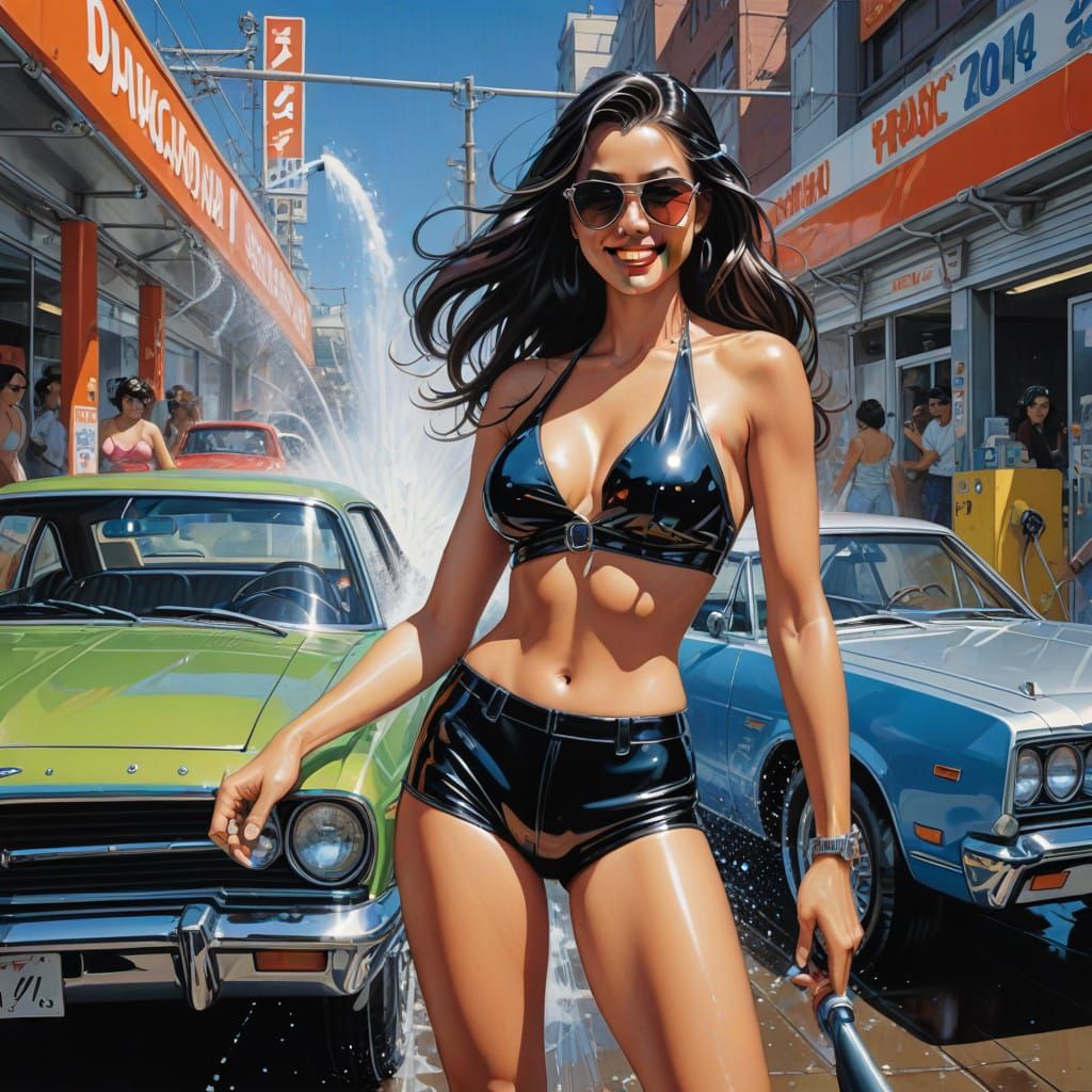 Neon Goddess at a Retro-Futuristic Car Wash