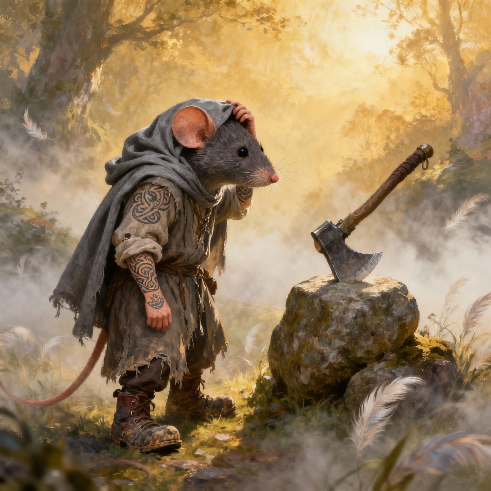 Weary Mouse Warrior Gazes at Lodged Battle Axe