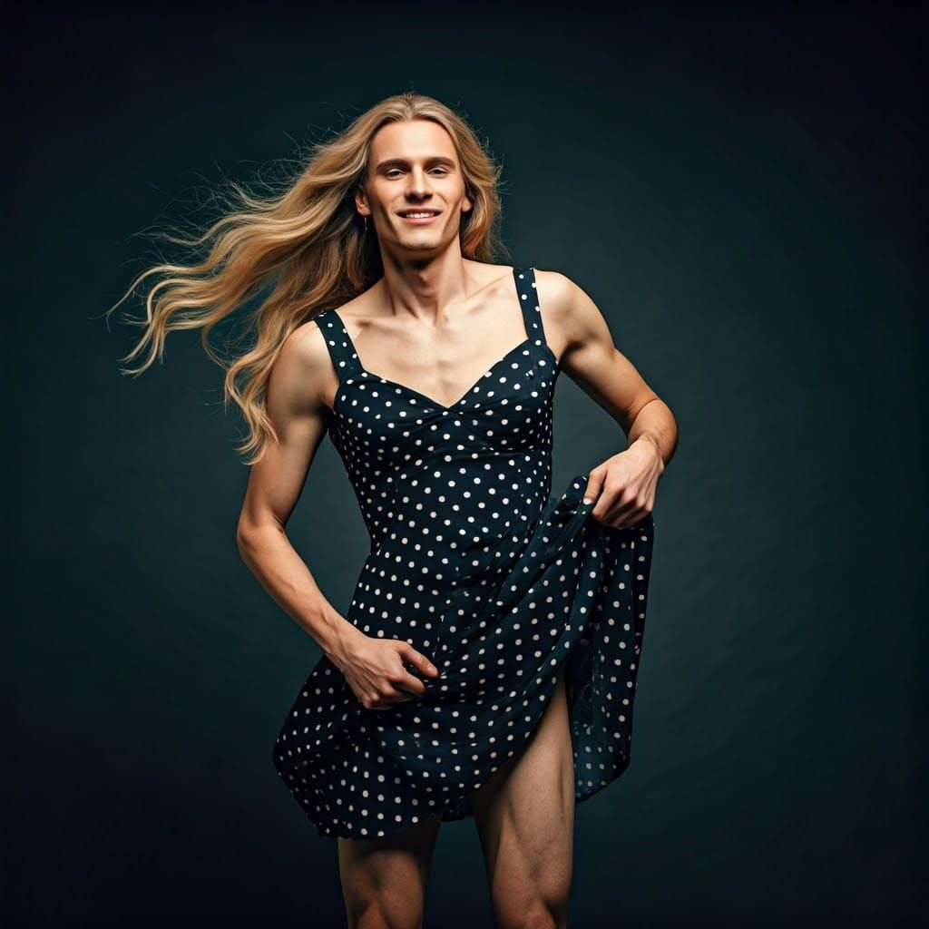 Delicate Young Man in Polka Dot Dress Captures Tension