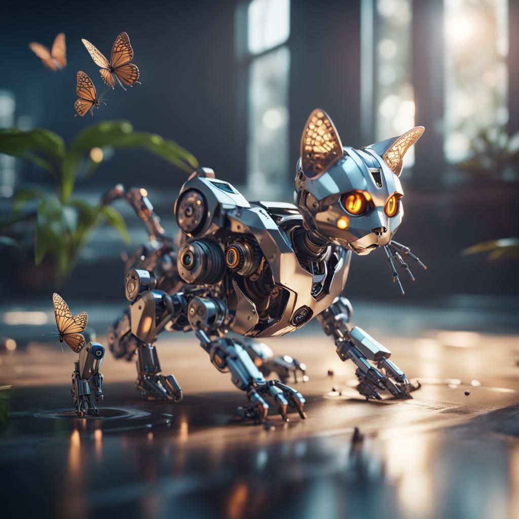 Robotic Cat and Butterfly in Futuristic Sci-Fi