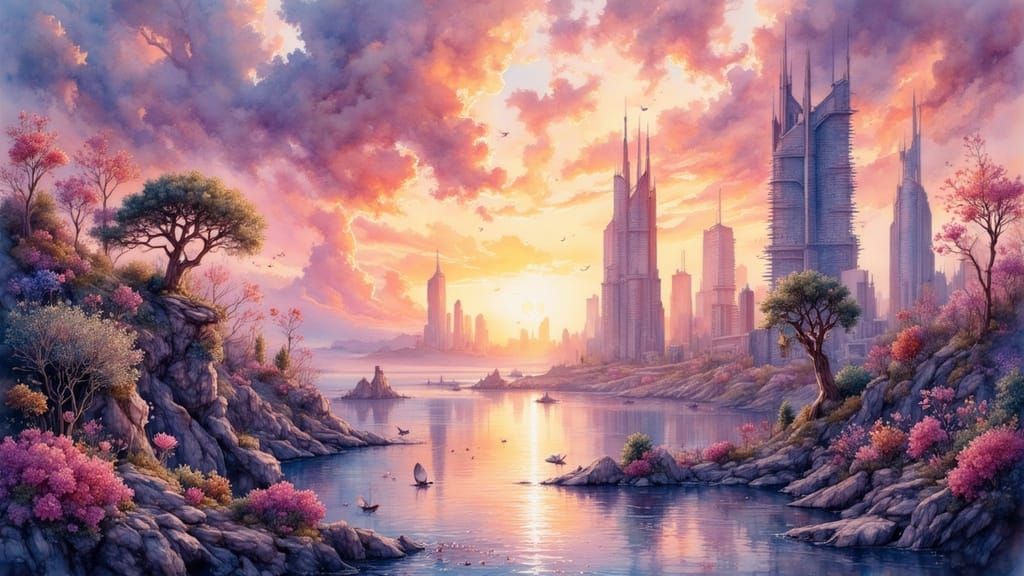 Vibrant Coastal Cityscape in Sunset, Rendered in Matte Paint...