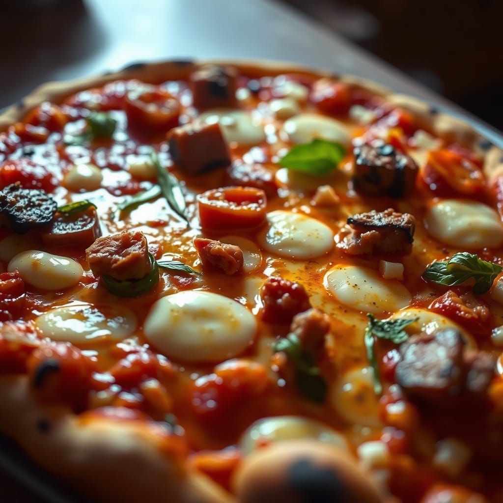 Delicious Pizza with Meats in Photorealistic Style