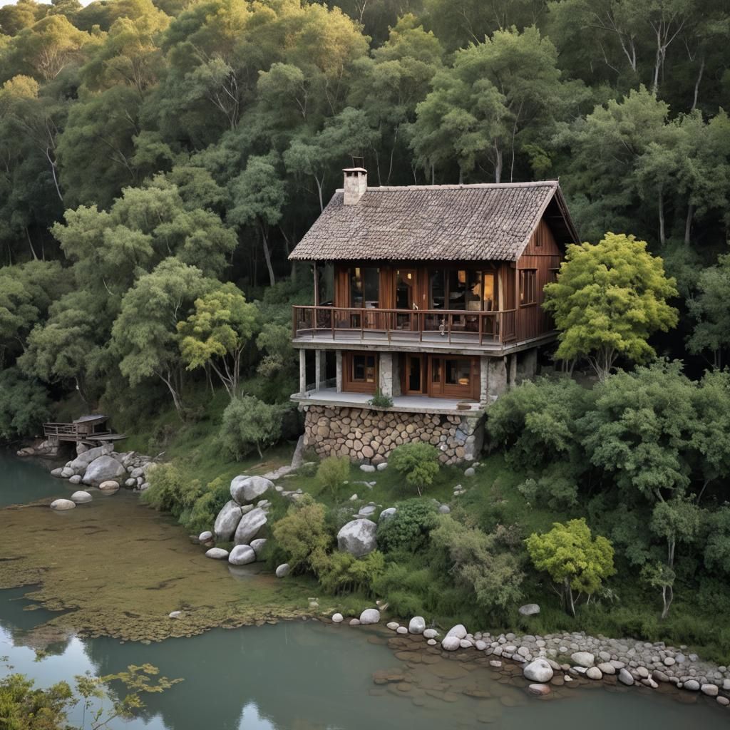 Rustic Lakeside House at Sunset in Oil Painting Style