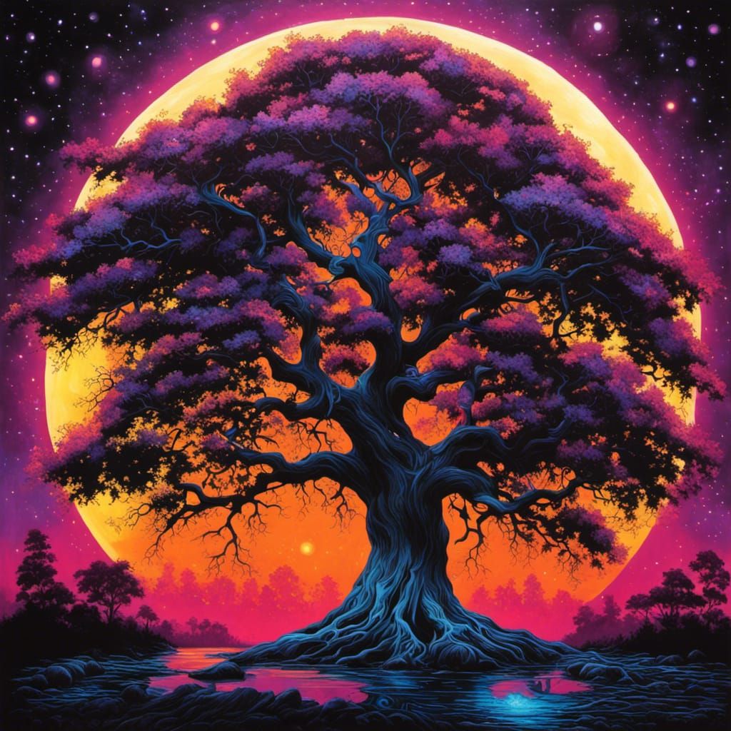 Blacklight Oak Tree Painting with Moon and Stars
