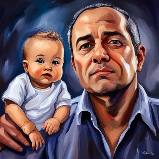 Loving Father and Baby Portrait in Mixed Media