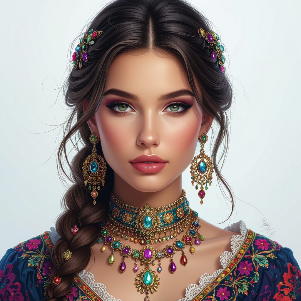 Hyperrealistic Woman with Colorful Jewelry in Fantasy Art St...