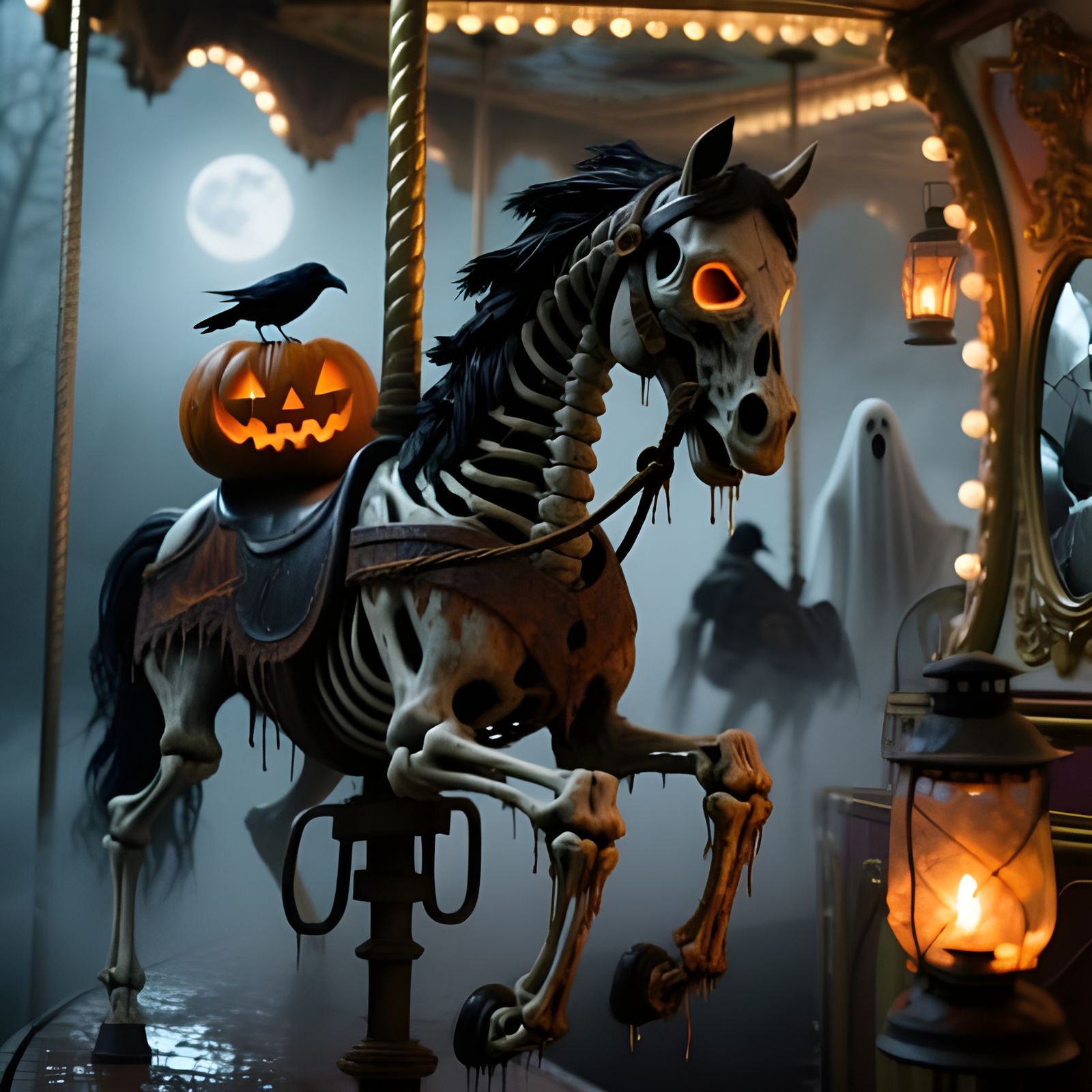 Haunted Halloween Carousel Creature Under Crimson Moon