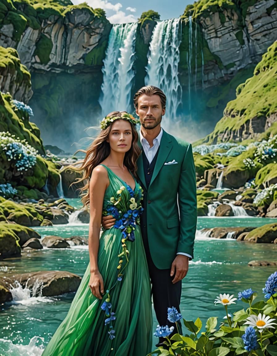 Fantasy Couple with Green Hair by Waterfall