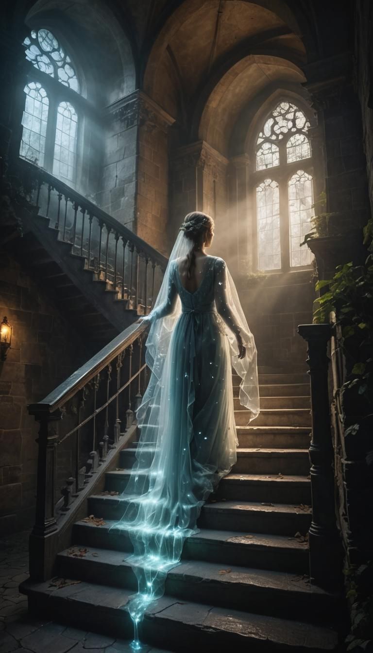 Ethereal Female Ghost Drifting in Bioluminescent Light