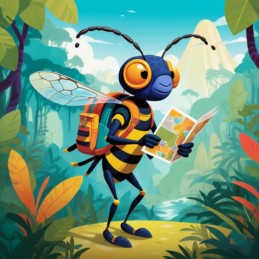 Whimsical Jungle Explorer Digger Wasp in Style of Griselda S...