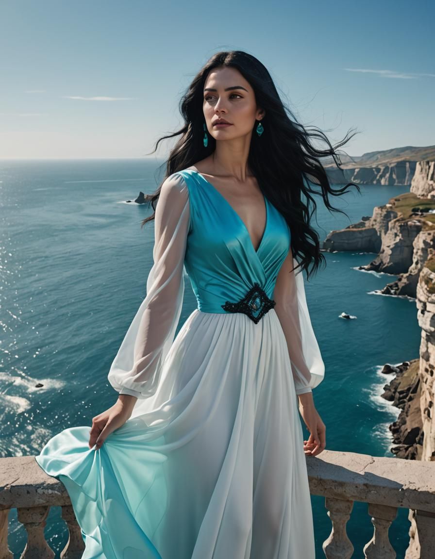 Woman on Balcony Overlooking Ocean, Professional Portrait