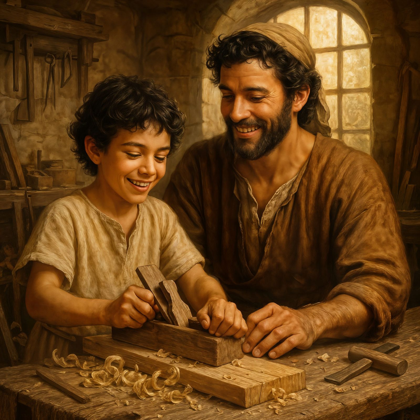 Young Jesus Learning Carpentry in Ancient Workshop