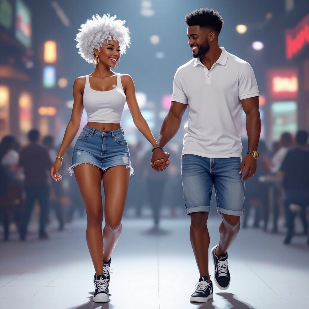 African Couple Dancing in Club, Animated Style