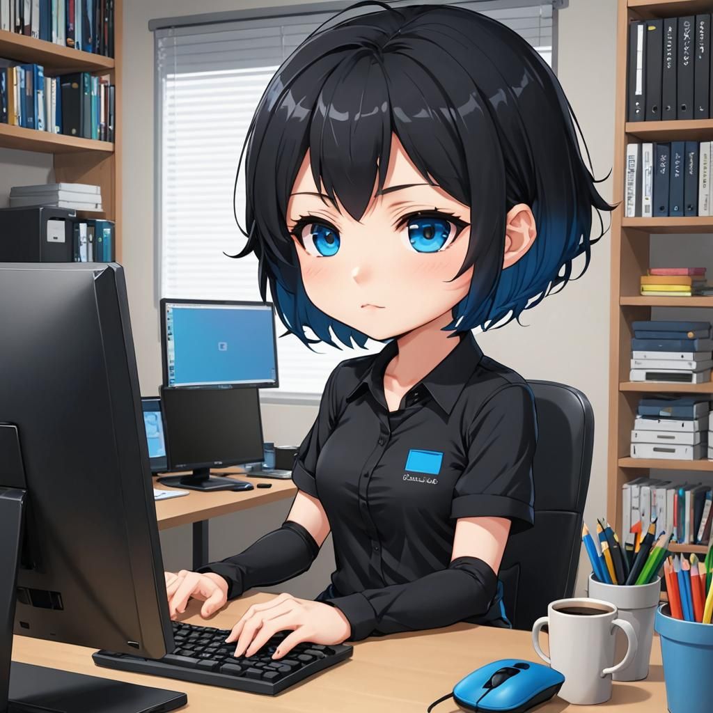 Chibi Girl at Computer in Anime Style