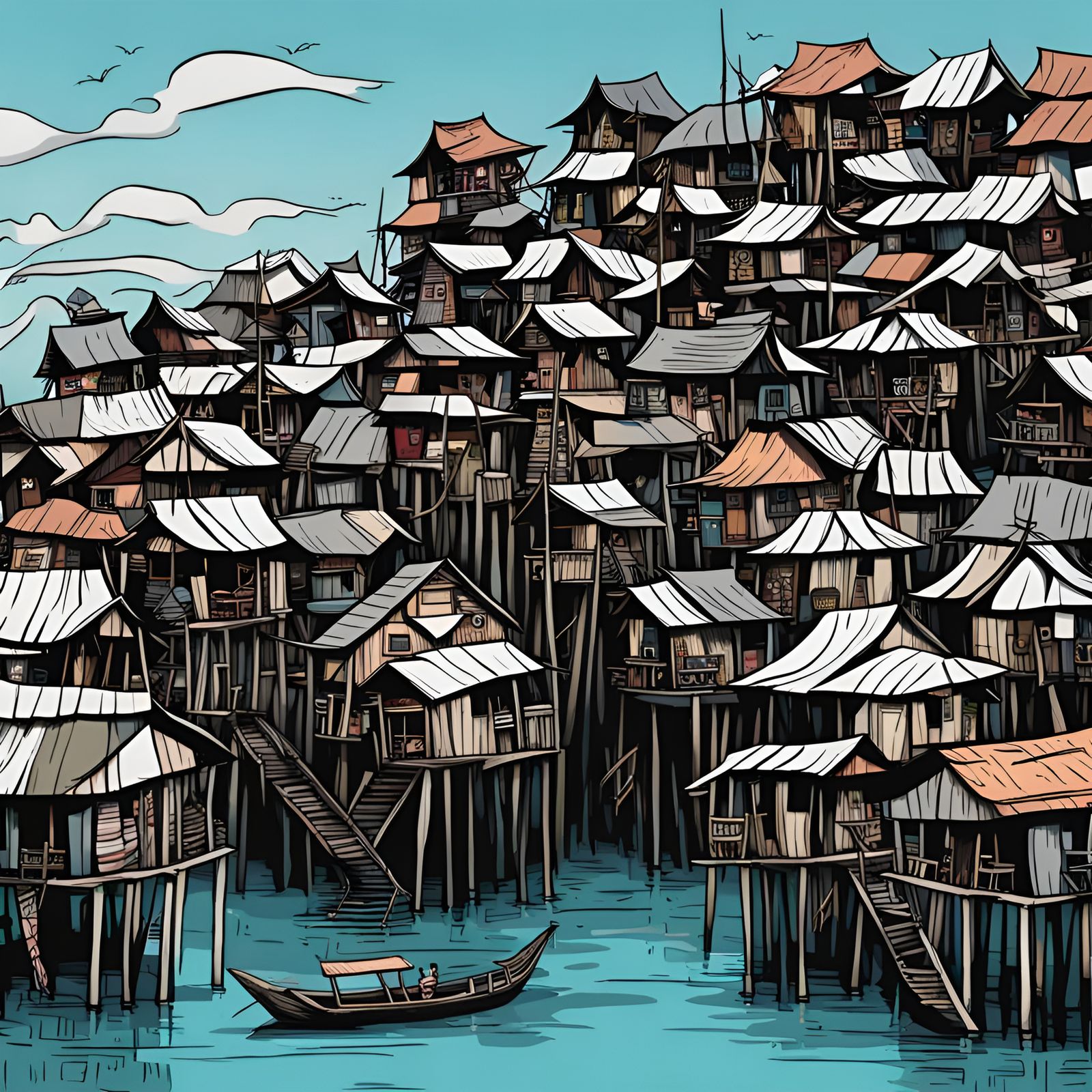 Abstract Bajau Stilt Houses in Cartoon Style
