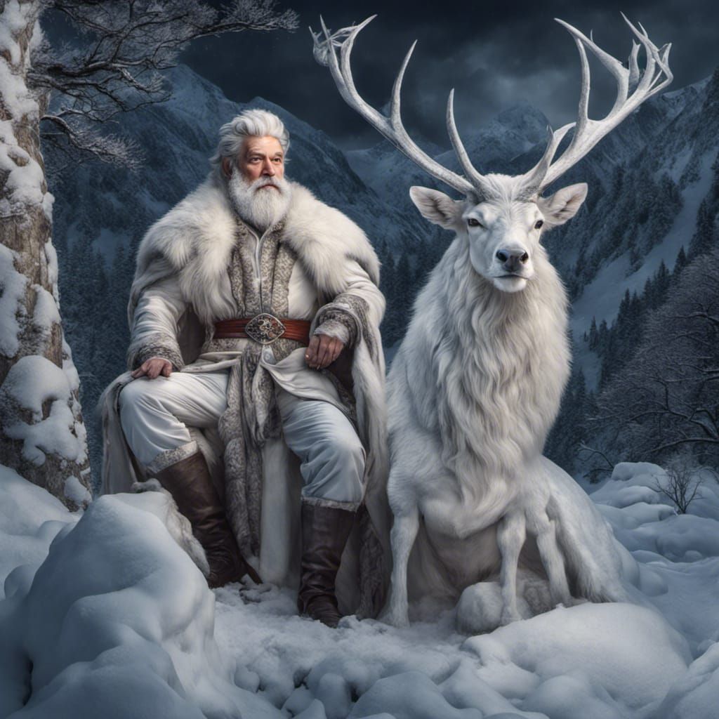 King and Stag in Snowy Mountain Landscape