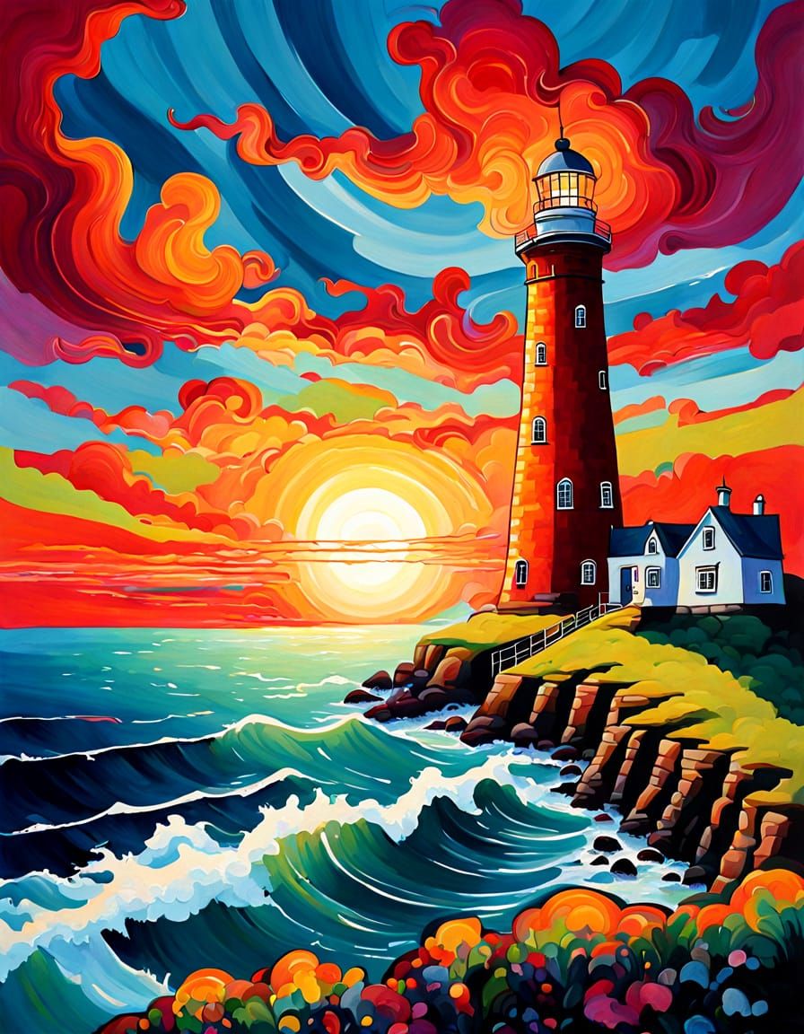 Fantasy Lighthouse Naive Art Painting at Sunset