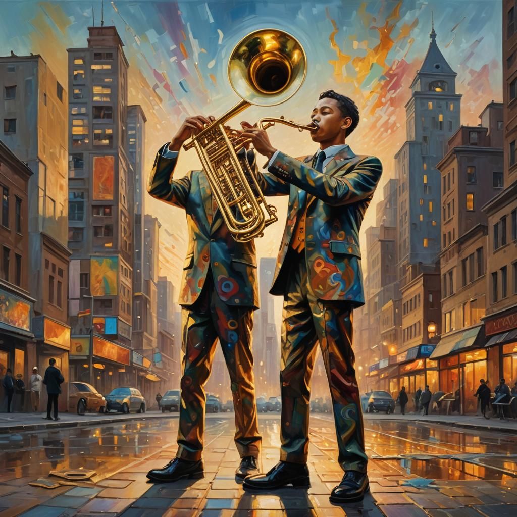 Humanoid Trombone in Surrealist Oil Painting