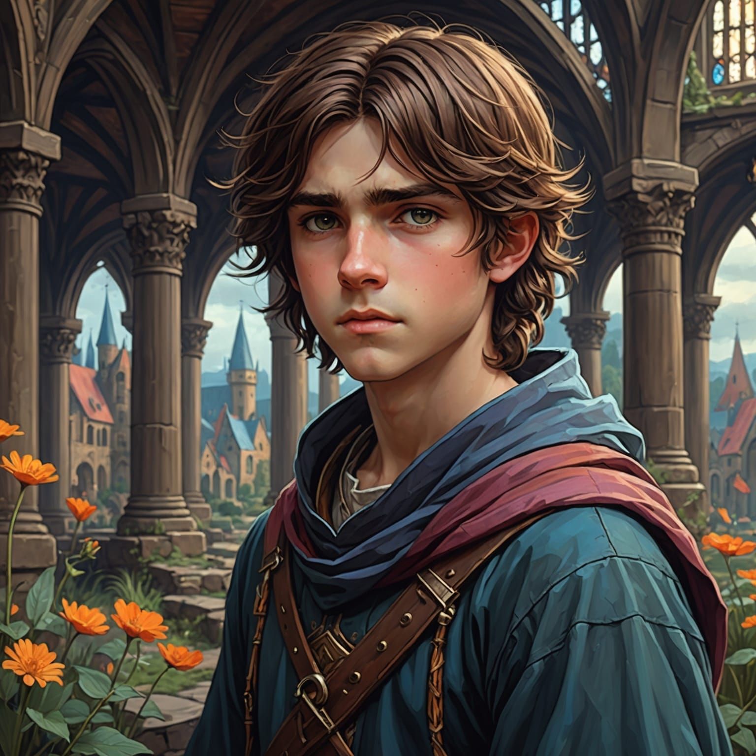 Gloomy Boy in Medieval Garden, Waterhouse Style