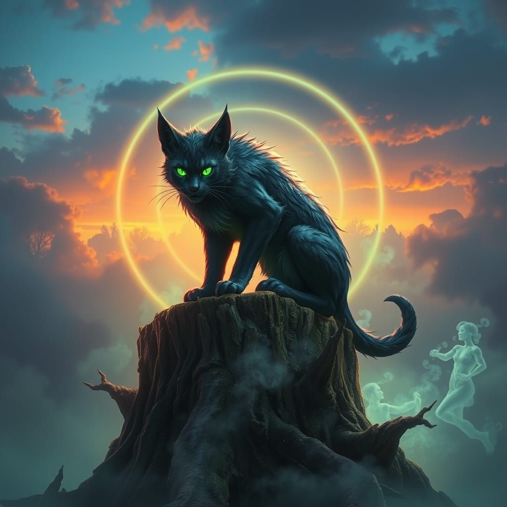 Regal Feline Figure in Mystical, Ancient Setting